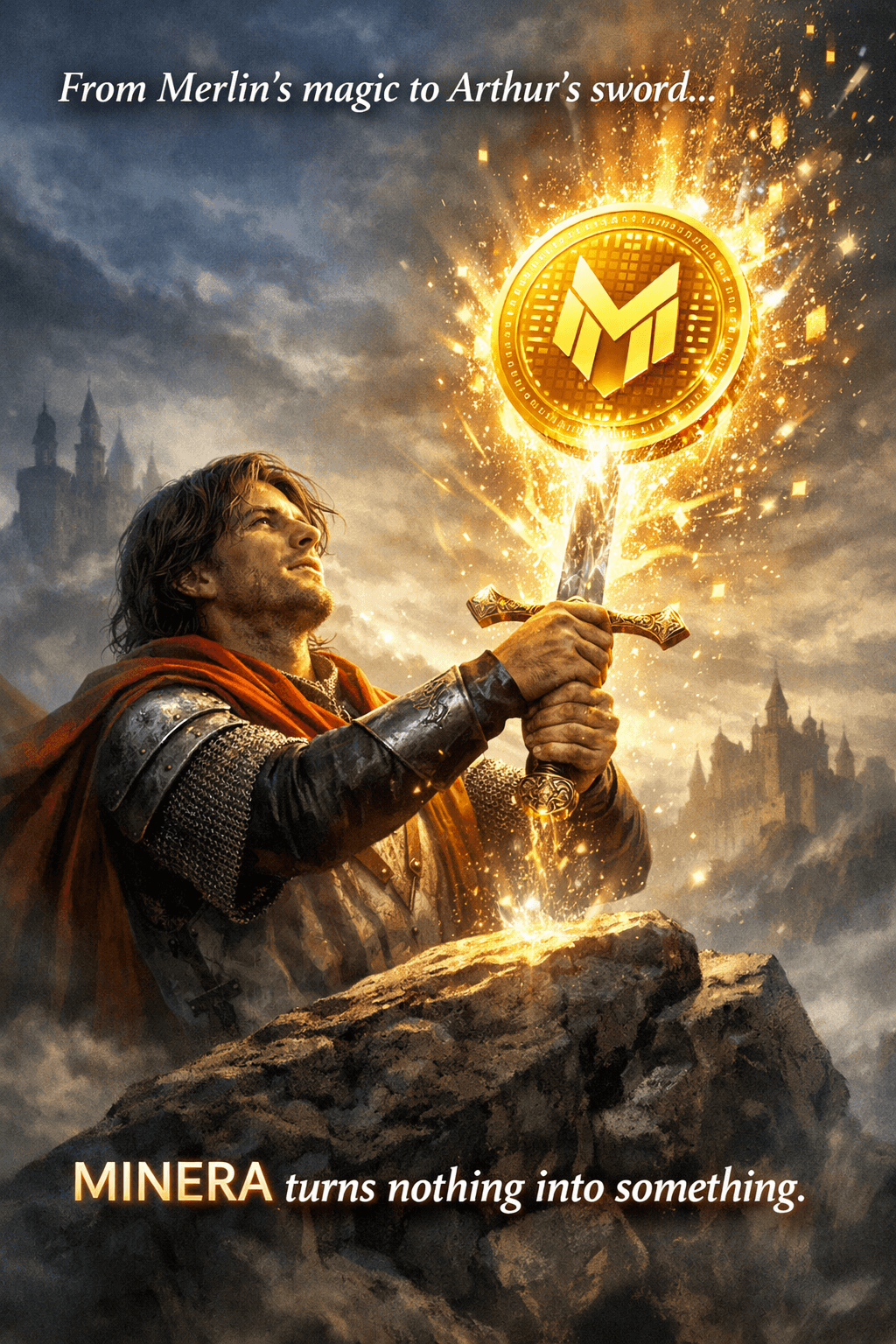 A knight drawing a sword whose tip becomes a glowing gold MINERA coin, misty castles behind