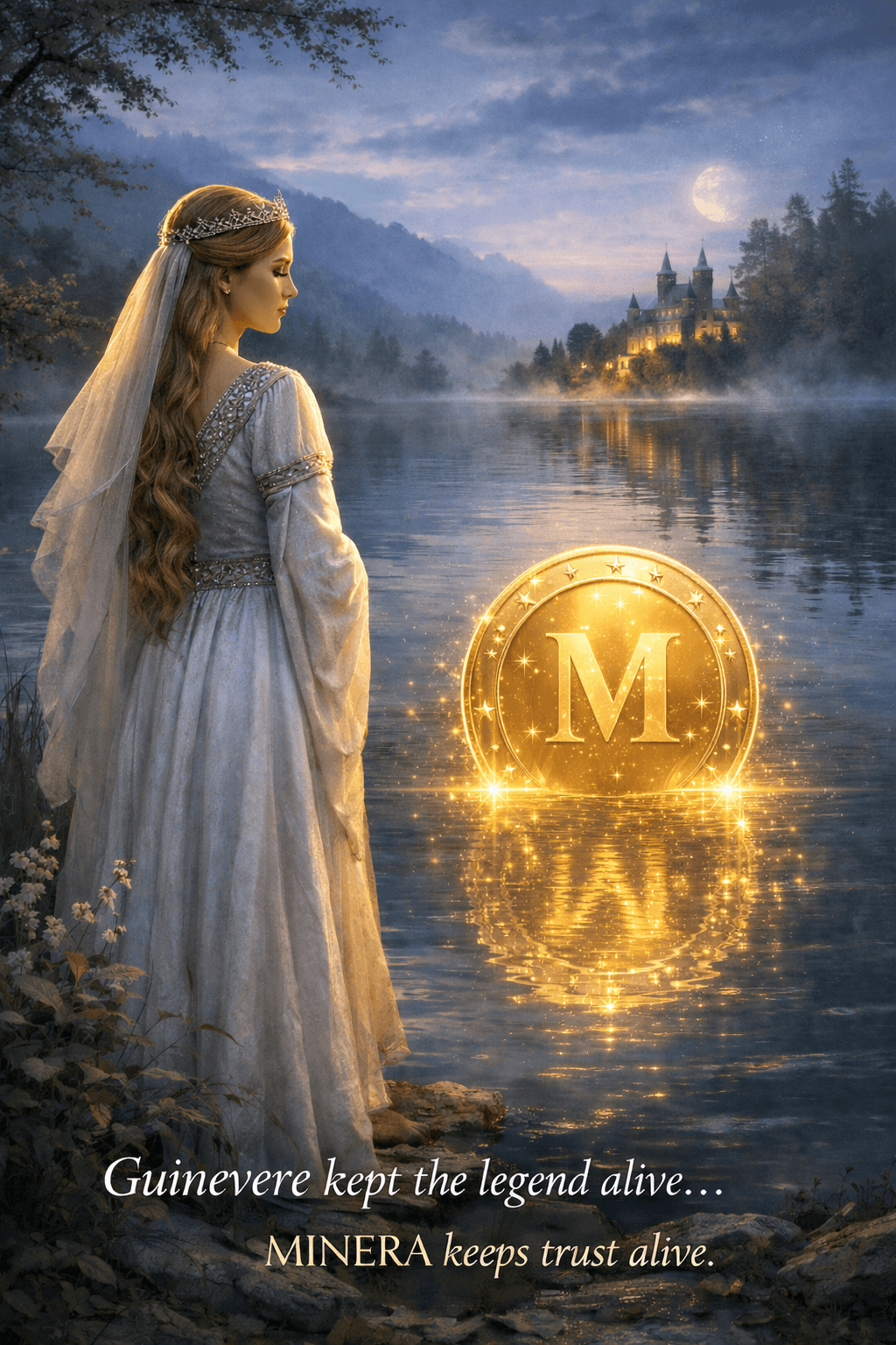 A lady by a moonlit lake as a glowing gold coin rises half out of the water