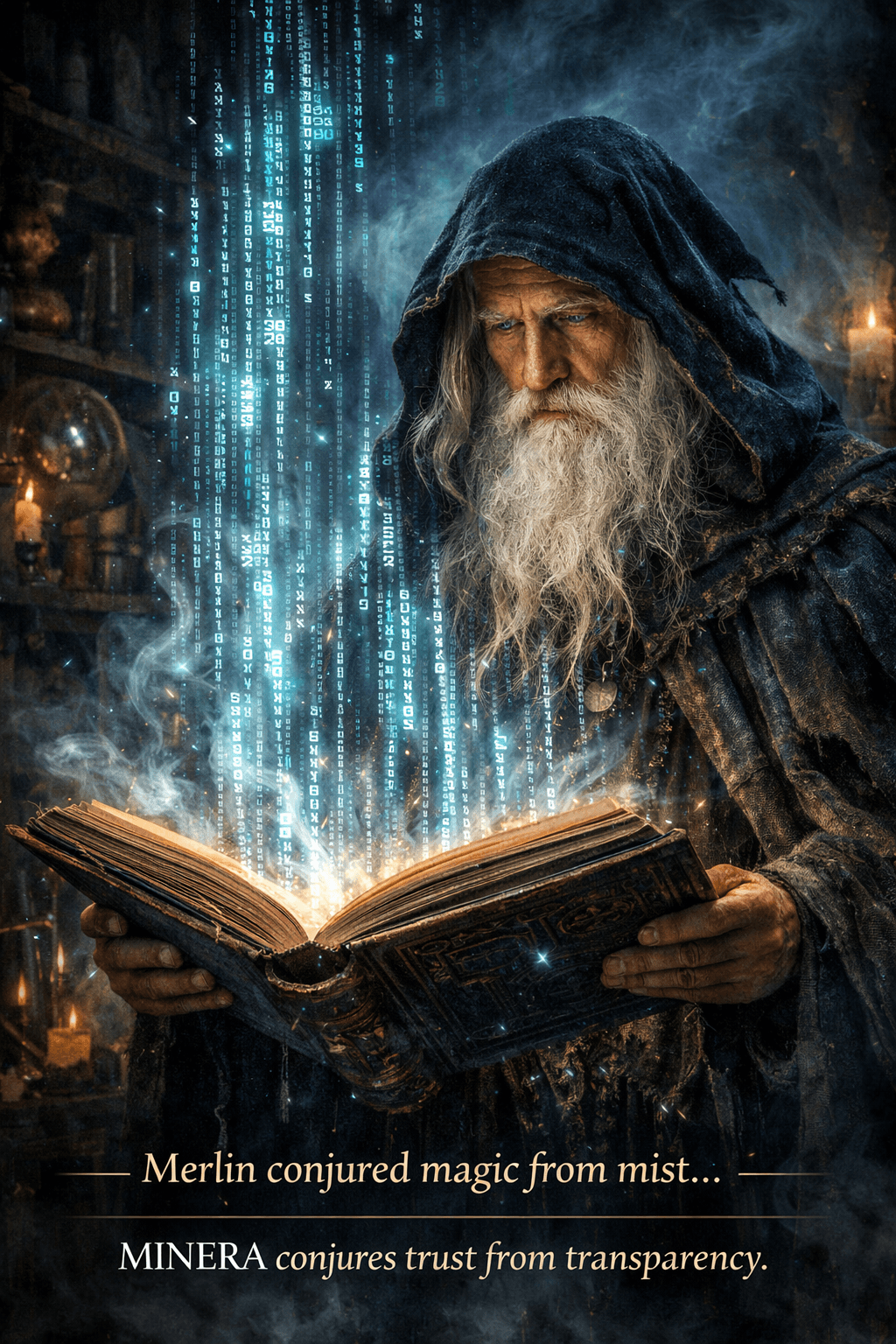 A hooded wizard reading a spellbook as glowing code rises from the pages like runes